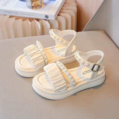 Girls Sandals Kids Summer Shoes Children's Beach Sandals with Pearls Princess Sweet Anti-slippery Open Toes Lace Chic Beading
