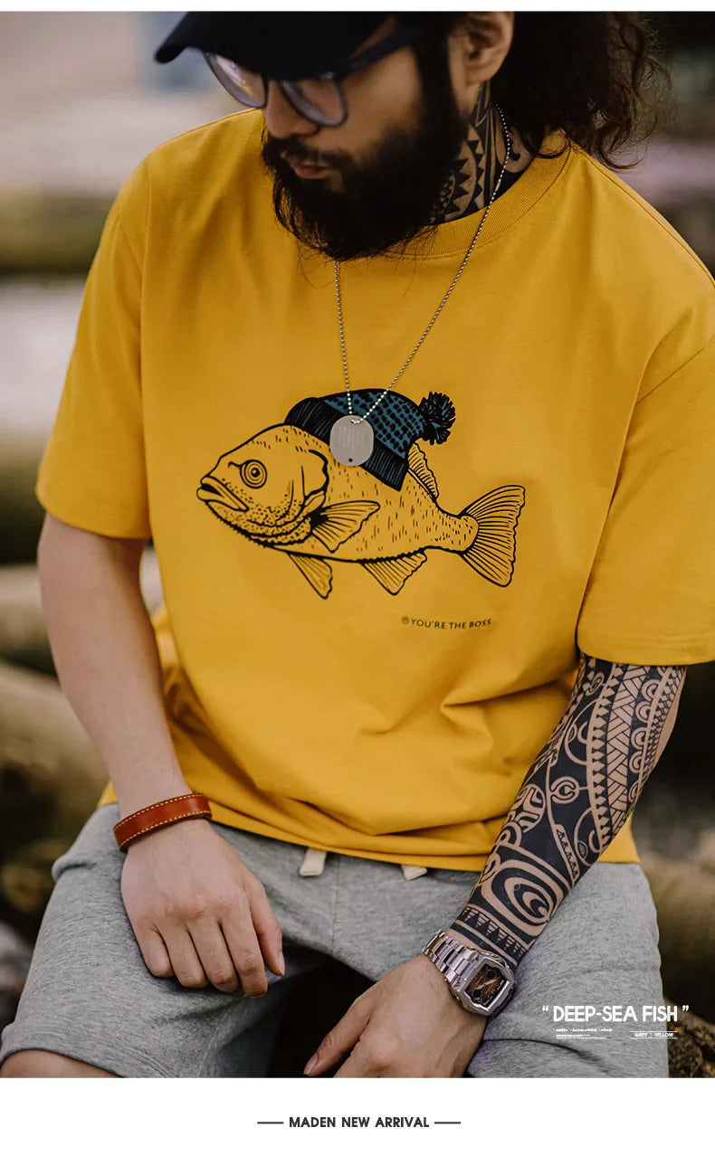 Maden Vintage Flocked Print Short-sleeved T-shirts Animal Pattern Cotton Round Neck Tops for Men's Summer Casual Loose Fit Tee