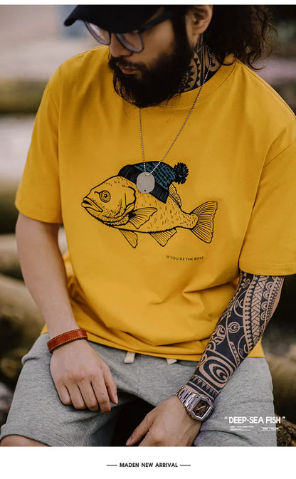 Maden Vintage Flocked Print Short-sleeved T-shirts Animal Pattern Cotton Round Neck Tops for Men's Summer Casual Loose Fit Tee