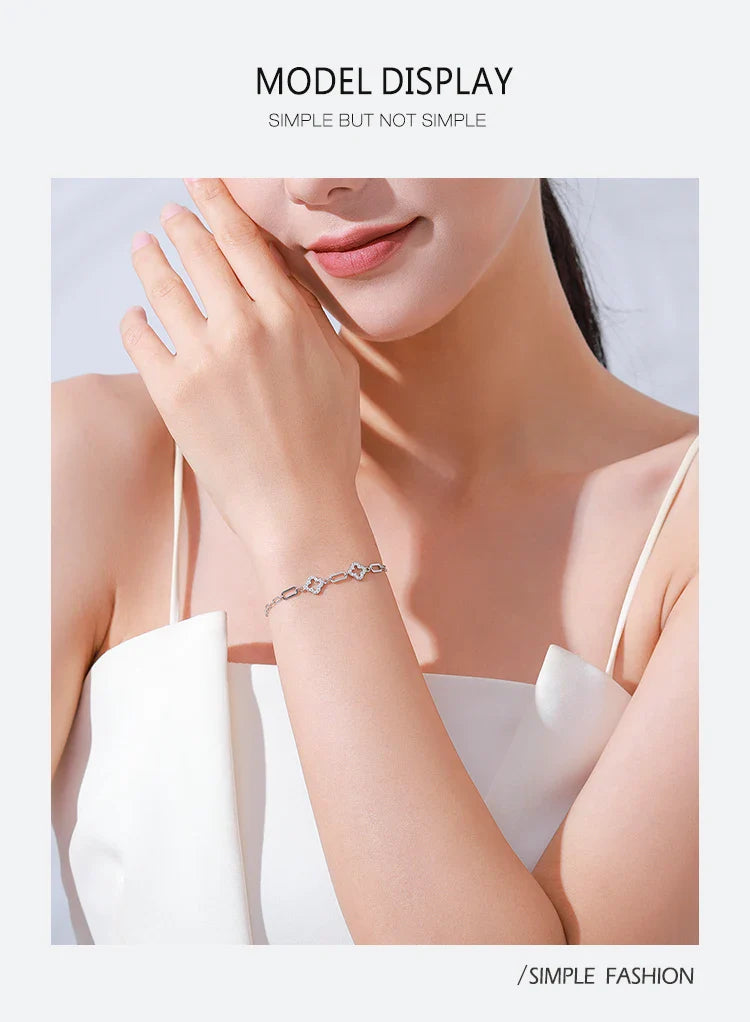 Real 925 Sterling Silver Charm Lucky Grass Cubic Zirconia Adjustable Bracelet For Women Classic Wedding Statement Jewelry