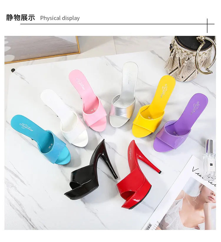 Slippers Women Summer 2022 New Black High Heels 13 CM  Color Club Sexy High Platform Thin  Party Girl Show Sandals  Size 34-43
