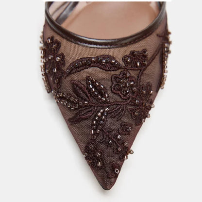 Luxury Mesh String Bead Design High Heels Women High Quality Hand Embroidery Heeled Sandals Elegant Banquet Slingback Dress Shoe