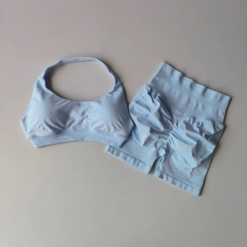 Sexy Halter Neck Beautiful Back High Waist Peach Sports Bras Shorts Suit Pilates Gathering Yoga Vest Training Fitness Bra Sets