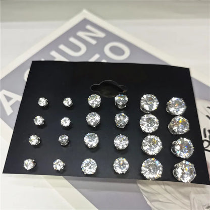 24pcs Cubic Zirconia Stud Earrings - Stainless Steel Claw Set for Men (12 Pairs)