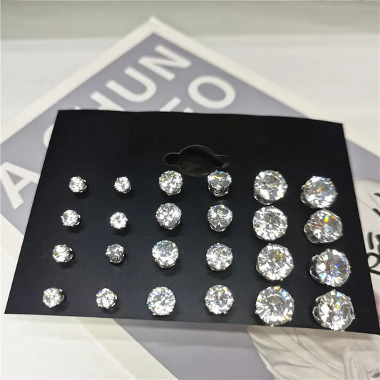 24pcs Cubic Zirconia Stud Earrings - Stainless Steel Claw Set for Men (12 Pairs)