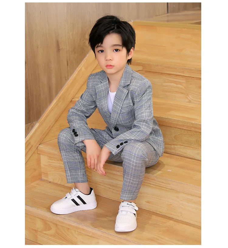 Spring Autumn Kids Boys Suits Elegant Children Boys Plaid Blazer Pant Suits Outfits Set Young Teenager Boys Formal Wedding Suits
