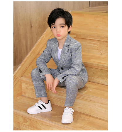 Spring Autumn Kids Boys Suits Elegant Children Boys Plaid Blazer Pant Suits Outfits Set Young Teenager Boys Formal Wedding Suits