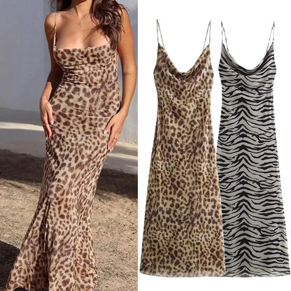 Leopard Print Tulle Slip Dress Woman Backless Summer Long Dresses For Women Vintage Sexy Party Dresses Midi Holiday Dress