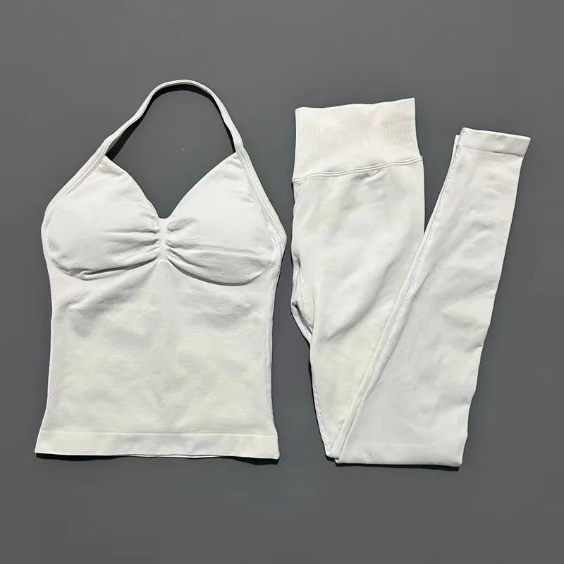 2Piece Sports Gym Set Women Longline Strappy Top Fitness Clothes Seamless Yoga Set Running Workout Sports Leggings Sets