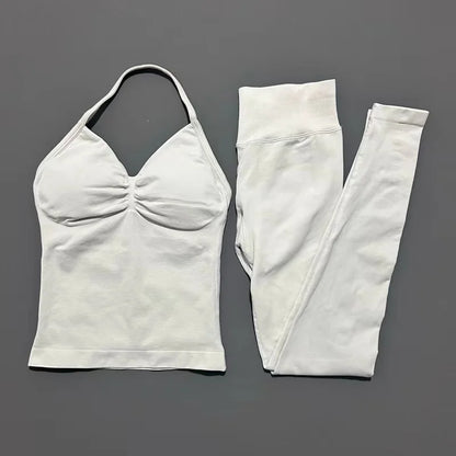 2Piece Sports Gym Set Women Longline Strappy Top Fitness Clothes Seamless Yoga Set Running Workout Sports Leggings Sets