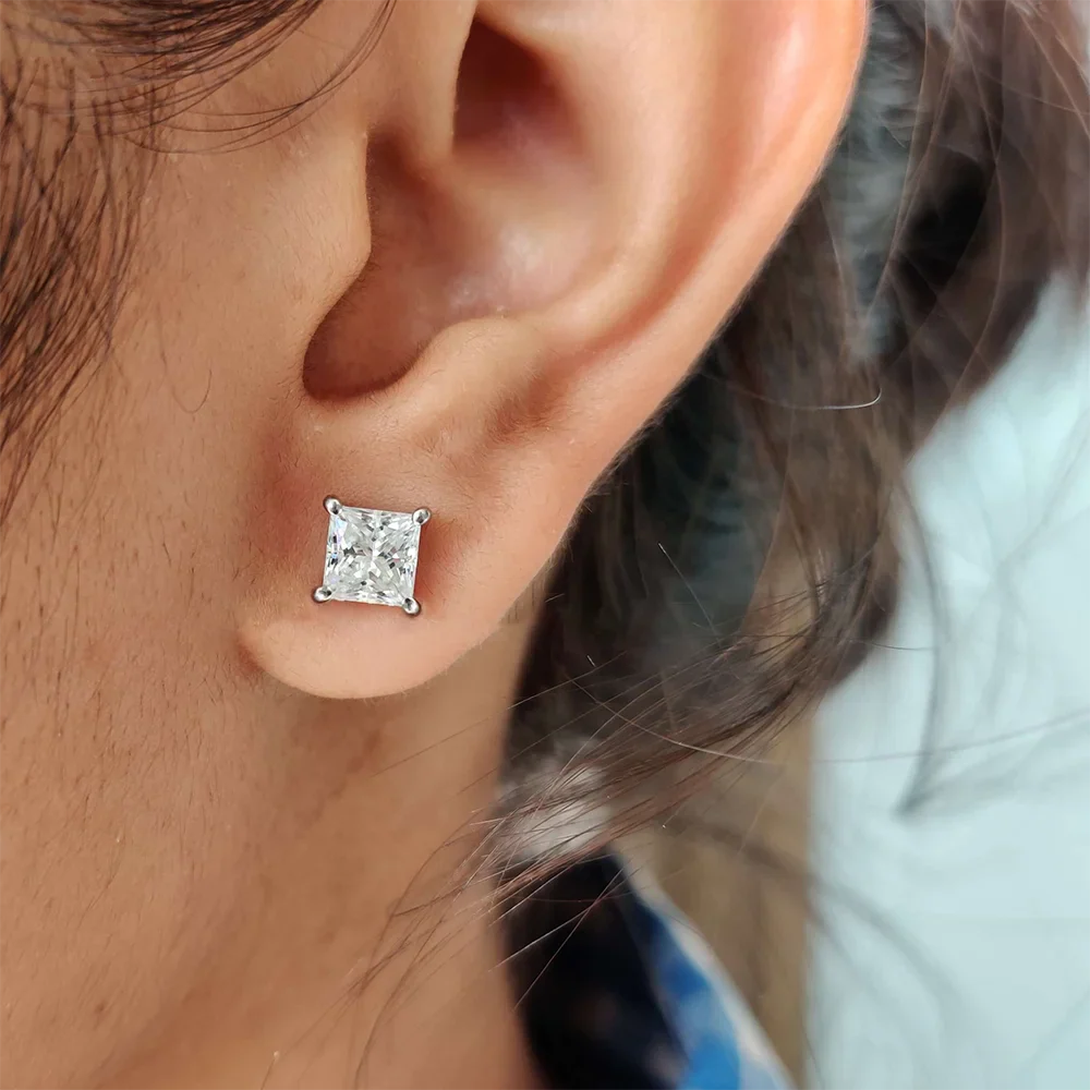 Certified 0.6/1/2/6carat Princess Cut Moissanite Diamond Stud Earrings for Women Men 925 Sterling Silver Square Ear Studs