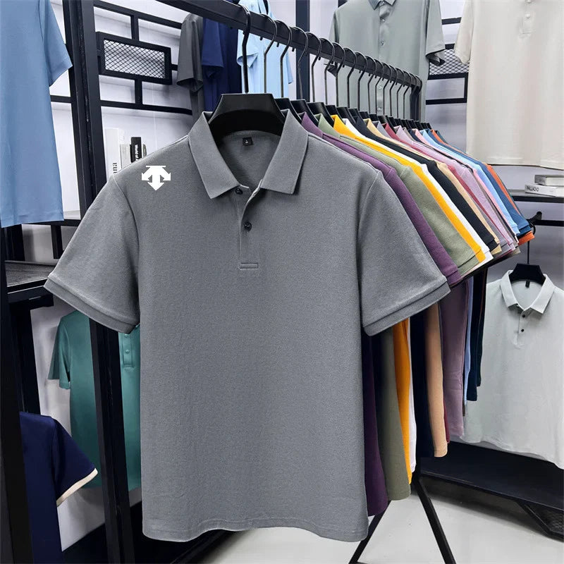 100% men's summer luxury brand polo shirt lapel geometric printing short sleeves t-shirt outdoor leisure men clothing tops