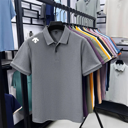 100% men's summer luxury brand polo shirt lapel geometric printing short sleeves t-shirt outdoor leisure men clothing tops