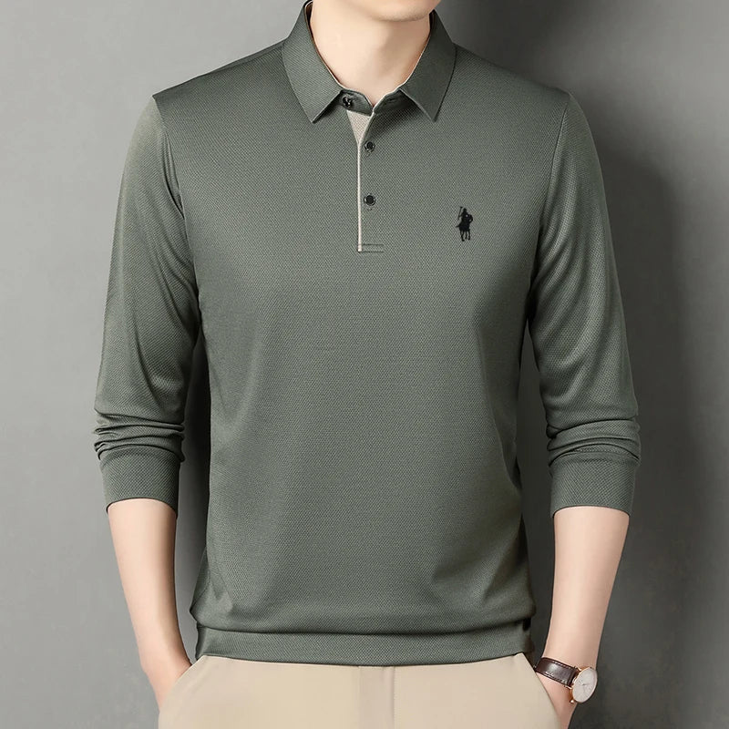 2025 Latest Autumn New Men's Long Sleeve Polo Shirt Middle Aged Business Comfortable Solid Color Men's Collar T-shirt