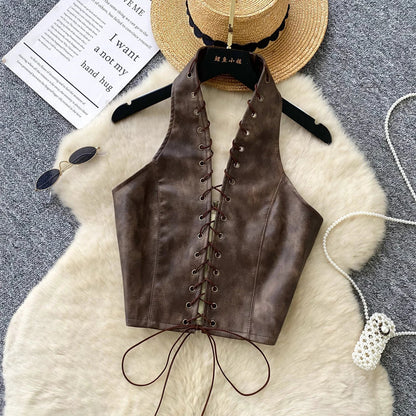New Sexy Crop Top Inside Women Black PU Leather Rope Strap Hollow Out Punk Style Tank Tops Vest Fashion Backless Club Party Wear