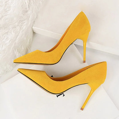Women 9cm High Heels Pumps Stripper Flock Suede Plus Size Escarpins Lady Wedding Bridal Heels Escarpins Green Blue Yellow Shoes
