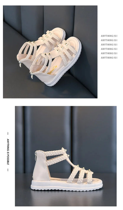 2026 Summer Gladiator Children Sandals Girl Soft Princess Shoes Retro Black Roman Sandal Outdoor Braided Shoe White Kids Shoes
