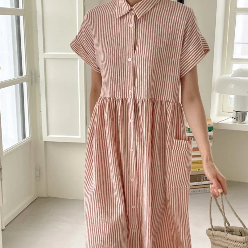 Summer Vintage Striped Single Breasted Women's Shirt Dresses 2024 New Korean Casual Straight Dress Pockets Female