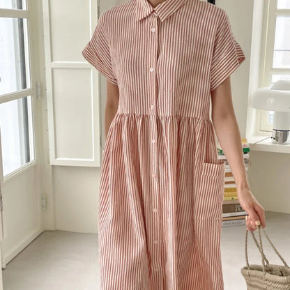 Summer Vintage Striped Single Breasted Women's Shirt Dresses 2024 New Korean Casual Straight Dress Pockets Female