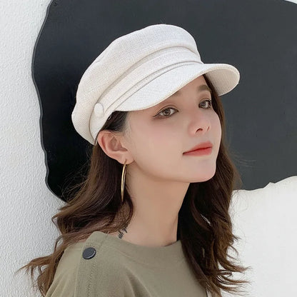 Fashion Solid Visor Military Hat spring and Autumn Linen Breathable Beret Cap For Women Retro England Style Flat Cap