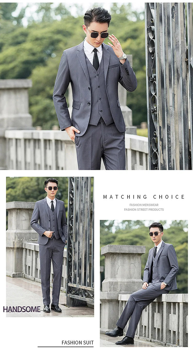 Man Three-piece Sets Fashion Turn Down Collar Coat+Single-breasted Vest+Pant Male Outfit Solid Color Business Wedding Men Suit