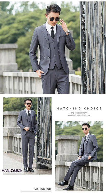 Man Three-piece Sets Fashion Turn Down Collar Coat+Single-breasted Vest+Pant Male Outfit Solid Color Business Wedding Men Suit