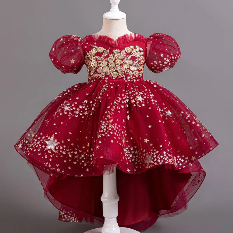 Girl Tail Wedding Bridesmaid Dress Children's Elegant Banquet Dress Children's Round Neck Sleeveless Dress Girl