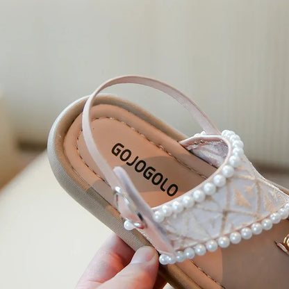 2025 Summer New Children Princess Pearl Cool Slippers for Girl Anti Slip Beach Sandals Toe Covering Casual Versatile Style Flats