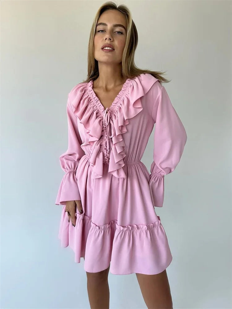 White Ruffle Bandage Mini Dress Women's Elegant Patchwork Long Sleeve Dress New Slim V Neck Lace Up Summer Mini Dress