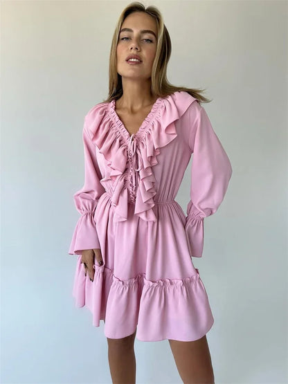 White Ruffle Bandage Mini Dress Women's Elegant Patchwork Long Sleeve Dress New Slim V Neck Lace Up Summer Mini Dress