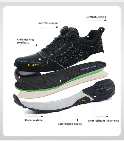Men's safety shoes with anti - impact steel toes, puncture - resistant Kevlar, and rubber anti - slip soles for industrial work.
