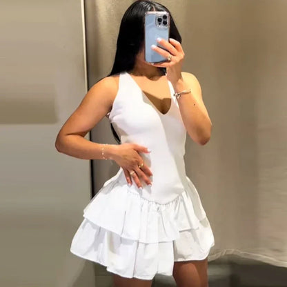 Womens Dresses Ruffled Halter Dress Summer Black Pink White Dress Mini Layered Backless Short Dresses Elegant Vestidos 066