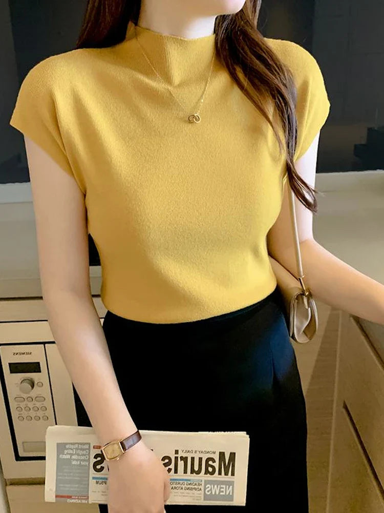 New Women Summer Knitted Turtleneck Sleeveless T-Shirts Tops Solid Slim Fit Pullovers Causal Tees Female Streetwear Basics Tees