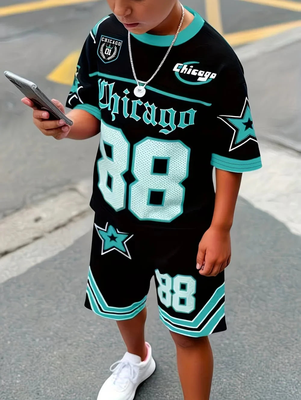 Fashiona Number Digital Printed Jersey Boy Short Sleeve Loose Fit Shorts and T-Shirt Set Sporty Outdoor Quick Drying 2pc Boy Set