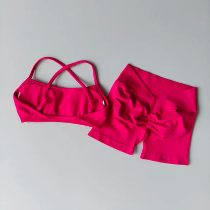 Seamless 2PCS Leggings Set Women Seamless Yoga Set High Waist Scrunch Butt Shorts With Halter Sports Bras Workout Gym Suit Set