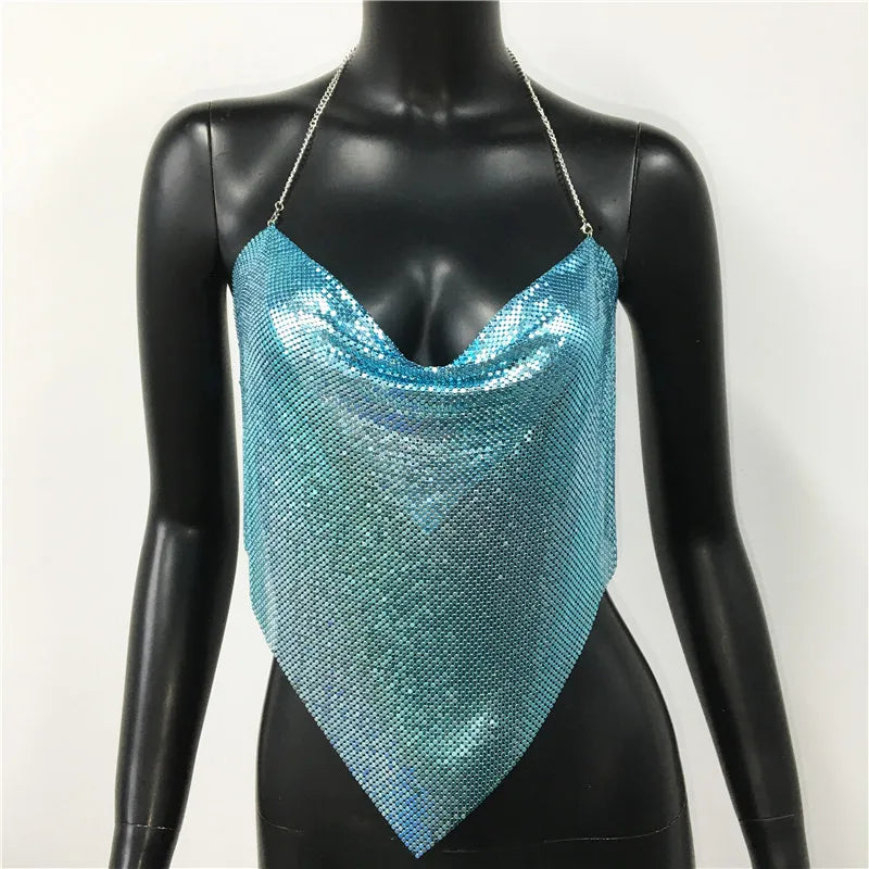 Shiny Metal Sequins Tank Tops For Women Sexy Backless V Neck Adjustable Chain Crop Top Lady Festival Rave Party Club Camisole