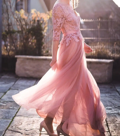 Vestidos de Renda Decote Redondo Noite Elegantes Meia Manga Aplicações Tule Festa Formal Longo Sem Costas Com Cinto Robe De