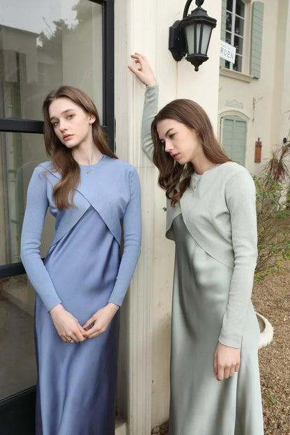 spring summer elegance satin dress + knitted top match set maxi floor length woman clothes