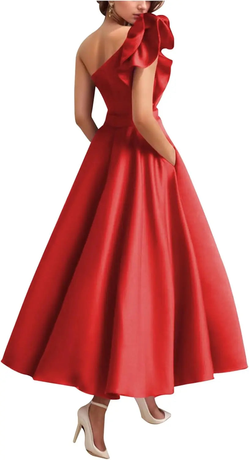 Women's One Shoulder Elegant Evening Dress with Pockets Satin Tea Length A Line Formal Wedding Guest Dress Prom Dresses