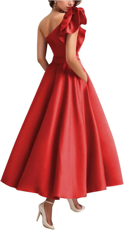 Women's One Shoulder Elegant Evening Dress with Pockets Satin Tea Length A Line Formal Wedding Guest Dress Prom Dresses