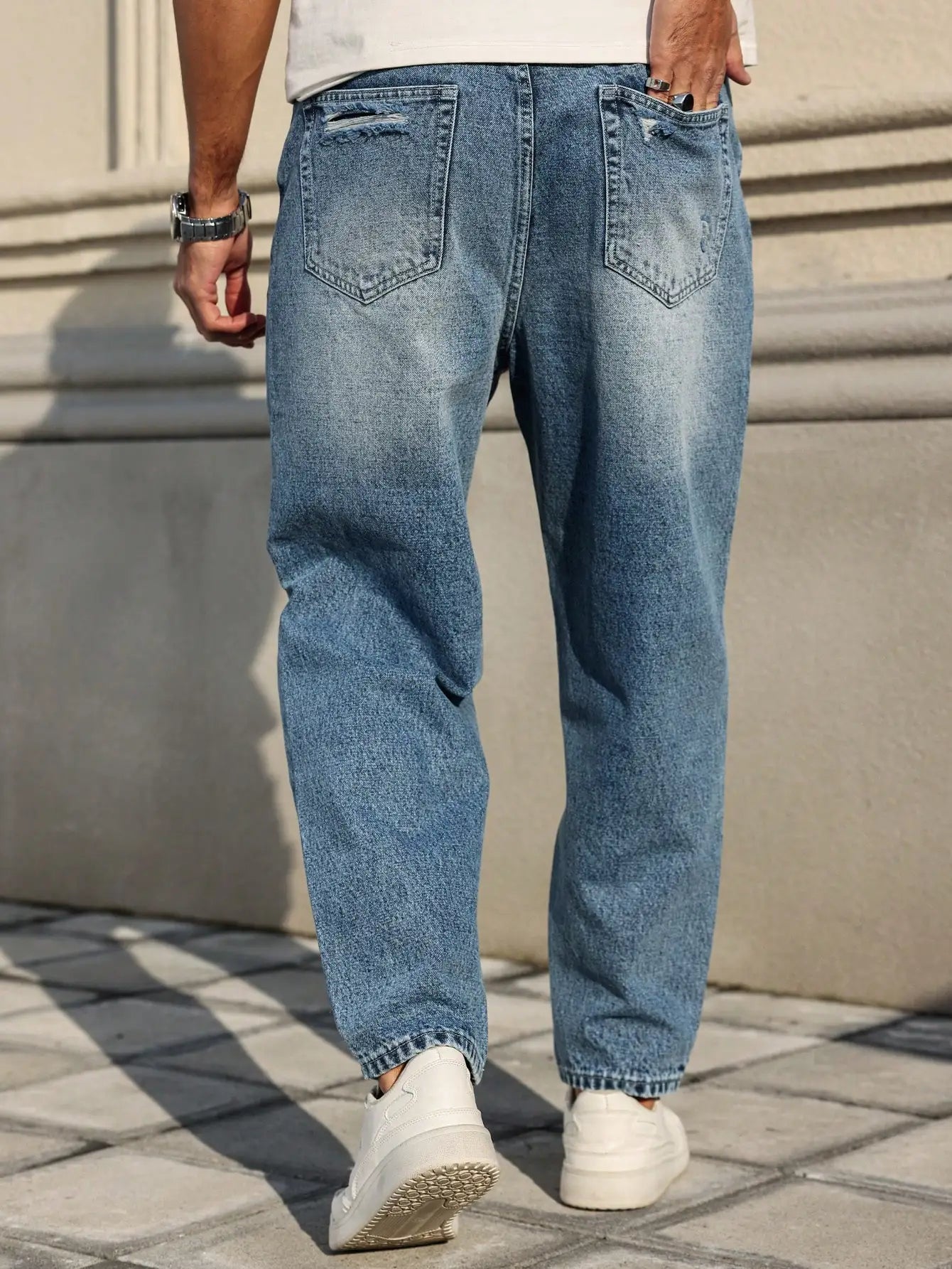 Men's blue ripped jeans, retro distressed beggar pants, street trend loose harem pants