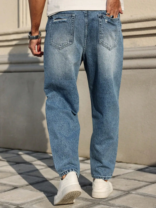 Men's blue ripped jeans, retro distressed beggar pants, street trend loose harem pants