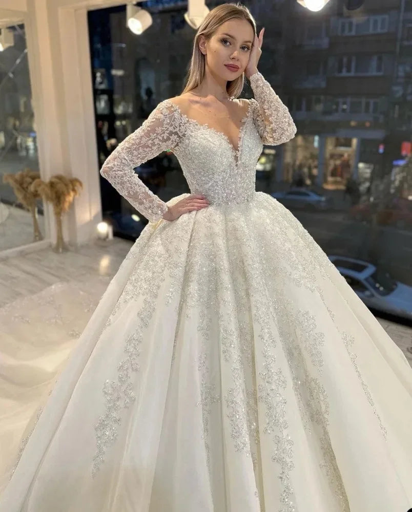 Customized A-Line Wedding Dresses Women Sequins Appliques Bridal Gown O-Neck Long Sleeves Sweep Train Vestidos De Novia