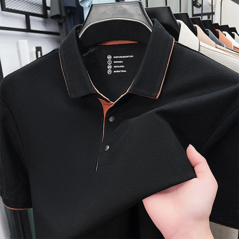 High quality 100% cotton solid color short sleeve polo shirt unique button men summer breathable comfort texture lapel T-shirt