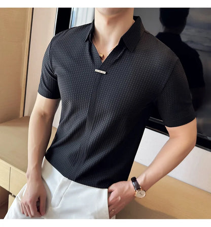High-Grade Ice Silk Seamless Adhesive Polo Shirt, High-Elastic V-neck Thin Waffle Short-Sleeved Golf Shirt, T-shirt