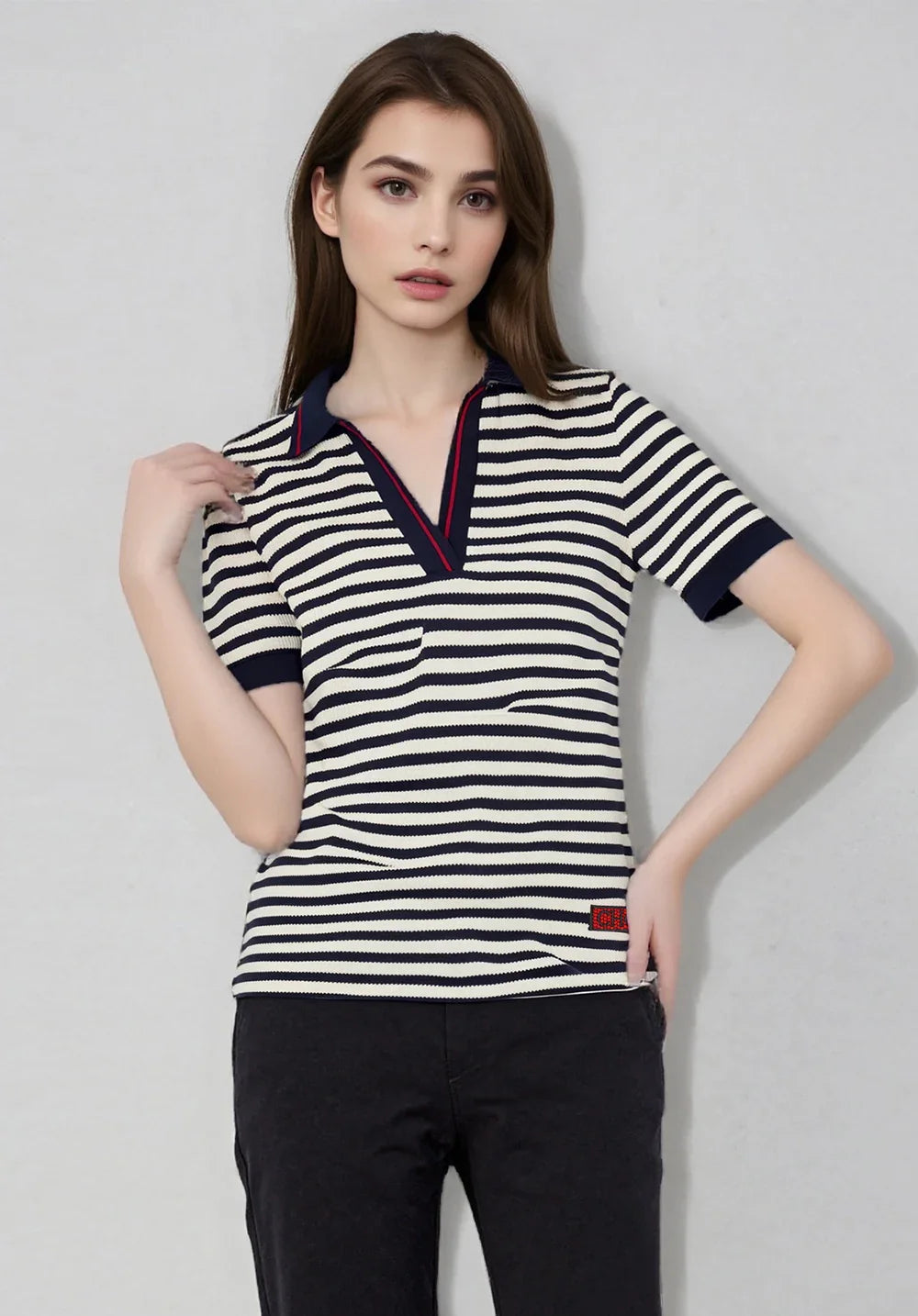 Women's T-shirt New Knitted Simple Stripe V-neck Women's Top
