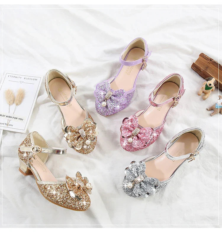 Children's Sandals for Party Wedding Elegant Bowknot Kids Girls Versatile Sequins High-heels Fashion Pearl Princess Single Shoes