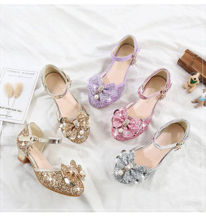 Children's Sandals for Party Wedding Elegant Bowknot Kids Girls Versatile Sequins High-heels Fashion Pearl Princess Single Shoes