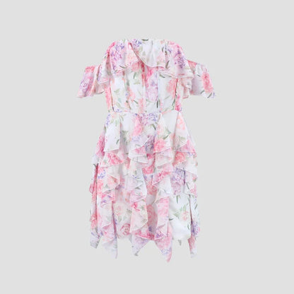 Chic Floral Printed Mini Dress Backless Sleeveless Hem Stacking Dresses Sweet A Line Vestidos 2025 New Lady Party Club Clothing
