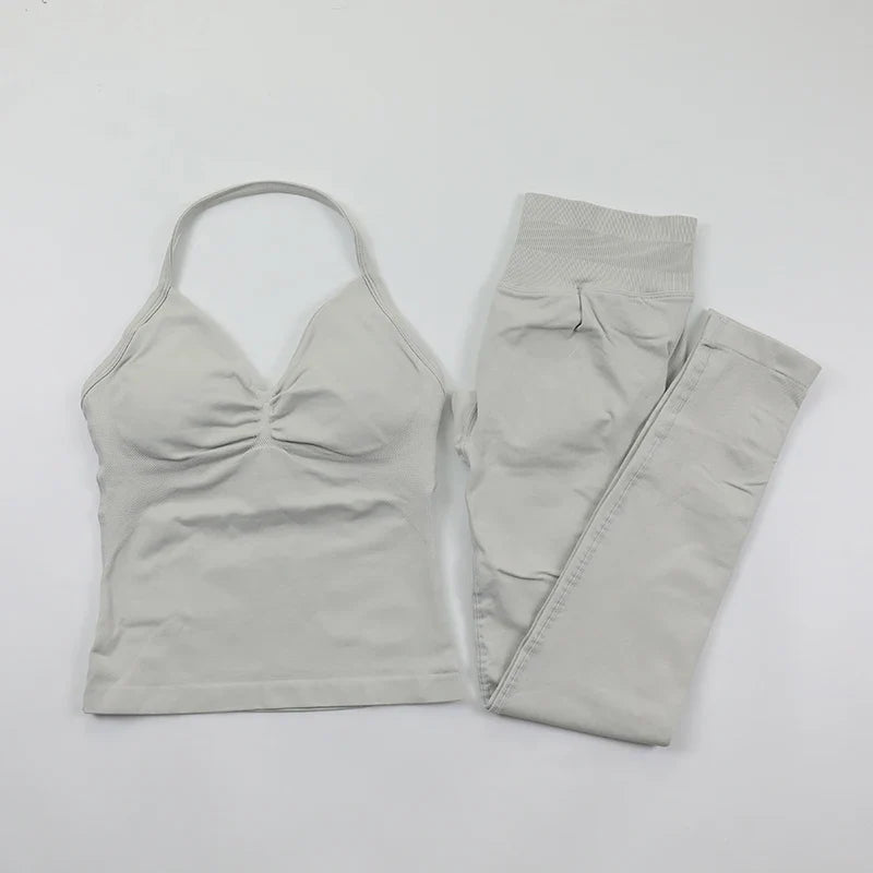 Fitness Leggings Set Women Seamless Yoga Set Fitness Clothing Scrunch Bum Gym Legging Padded Tank Top Workout Outfits Sportswear